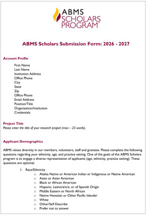 ABMS REF Grant Application Materials flyer Screenshot of ABMS Scholars Application PDF